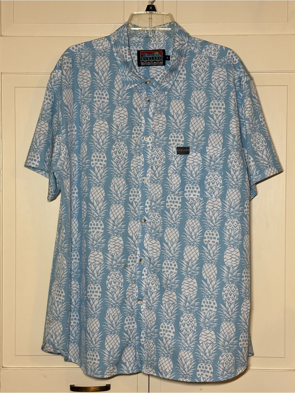 BURLEBO Blue & White Short-Sleeve Pineapple Print Button-Down Shirt